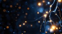 Glowing neuron synapse with electrical impulses on dark background, neural network visualization showing brain cell activity and connections in science concept.