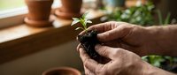 Hands gently holding small green plant seedling with soil, nurturing new growth in warm sunlight near terracotta pots for gardening and cultivation concepts.
