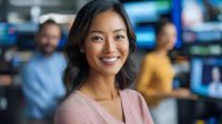 Young Asian businesswoman smiling in modern office environment with diverse coworkers in background. Professional corporate workplace portrait showing confidence and success.