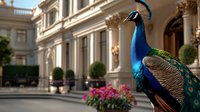 Majestic peacock standing near luxury mansion entrance with ornate architecture, blooming flowers and classical columns in soft evening light.