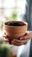 Hands holding terracotta pot with fresh potting soil, ready for planting seedlings or houseplants against bright window background.