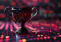 Silver trophy cup on dark background with red bokeh lights and reflective surface creating dramatic atmosphere for sports, achievement and success concepts.