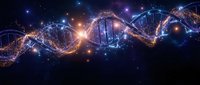 Glowing DNA double helix with golden and blue light particles on dark cosmic background, representing genetics and biotechnology research.