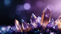 Purple amethyst crystal cluster with golden tips on dark background with bokeh lights for spiritual healing and meditation practices.