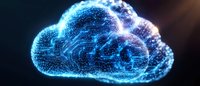 Digital cloud computing symbol with glowing circuit pattern and network connections on dark background, representing modern data technology and storage.