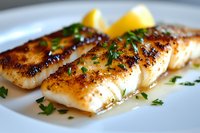 Grilled salmon fillet with caramelized crust, fresh herbs and lemon wedges served on white plate, close up view showing moist, flaky texture and golden-brown sear.