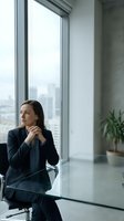 Professional businesswoman in dark suit contemplating by office window with city skyline view in modern corporate workspace.