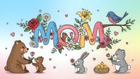 Mother's Day greeting card with cute animals, flowers and decorative MOM lettering on pastel background for holiday celebration and family love.