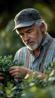 Senior Caucasian male gardener with gray beard wearing denim cap and checkered shirt tending to green plants in natural outdoor garden setting.