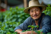 Smiling Asian male farmer in straw hat tending to organic vegetable crops in greenhouse. Natural lighting highlights sustainable agriculture and local food production.