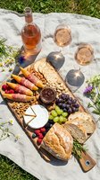 Overhead view of a charcuterie board with cured meats, cheeses, crackers, nuts, fresh fruits, and jam, paired with rosé wine glasses on a marble surface surrounded by grass and flowers.