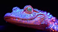 Vibrant close-up of alligator head with neon pink and blue coloring under UV light showing detailed scales and piercing turquoise eye creating dramatic contrast.