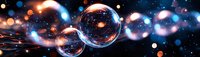 Glowing transparent spheres with light reflections floating in dark space surrounded by colorful bokeh effects and energy streams. Abstract cosmic background.