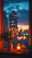 Romantic evening cityscape through window with glowing candle and rose bouquet in vase, urban lights and sunset sky creating cozy atmosphere.