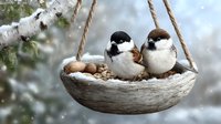 Two sparrows perched in rustic coconut shell bird feeder with nuts and seeds during winter, snow-covered birch tree branch in background.
