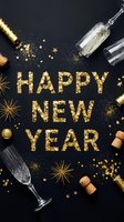 Happy New Year gold glitter text on dark background with champagne glasses, bottle, corks, and golden confetti for festive celebration greeting.