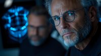 Mature bearded man in glasses illuminated by blue neon light looking serious and focused. Dark moody atmosphere with technological futuristic glow in background.