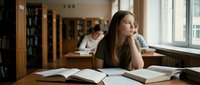 Young woman student studying in university library with open books on wooden desk, looking thoughtfully out window while researching academic materials.