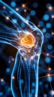 Glowing knee joint visualization with highlighted pain area in orange against blue wireframe anatomy structure on dark background with bokeh effect.