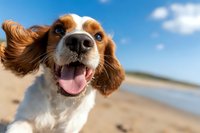 Happy Cavalier King Charles Spaniel with tongue out at beach on sunny day, blue sky background. Perfect for pet care advertising.