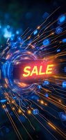 Glowing yellow SALE text on futuristic digital background with blue and orange light trails for online shopping promotions and tech retail advertising.