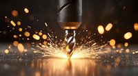 Metalworking drill bit creating bright sparks during industrial machining process against dark background with dramatic lighting and bokeh effects.