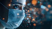 Medical professional wearing protective face mask with digital technology overlay, orange bokeh lights and binary code pattern in dark background.