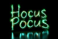 Green neon light text spelling Hocus Pocus with glowing effect and reflection on dark background for Halloween decorations and spooky designs.