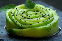 Spiral sliced avocado garnished with black sesame seeds and fresh basil leaves on dark slate background, macro view showing creamy texture and vibrant green color.