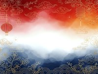 Red white blue gradient background with golden Asian ornamental elements and traditional cloud patterns for festive design projects.