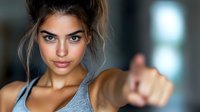 Young athletic woman in gray tank top pointing finger at camera with confident determined expression against dark background. Perfect for fitness motivation content.