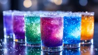Vibrant rainbow colored cocktails with sparkling ice and bubbles in shot glasses lined up on dark background, creating magical drink presentation.