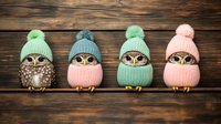 Four adorable owls wearing knitted winter hats with pom-poms in pastel colors sitting in a row on rustic wooden background, cozy winter mood.