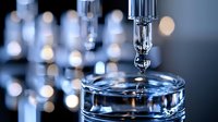 Medical IV drip with water droplet falling into glass container in modern hospital setting with bokeh lights background for healthcare concepts.