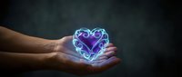 Hands holding glowing neon heart with electric blue and purple light effects against dark background for love and care concepts.