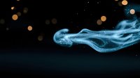 Glowing blue ethereal smoke trail with magical sparkles floating against dark background with golden bokeh lights creates mystical atmosphere.