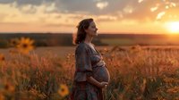 Woman with curly hair, Caucasian ethnicity, wearing patterned dress, cradling pregnant belly in golden sunflower field at sunset. Maternity, expectancy, nature.