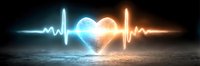 Heart-shaped symbol with glowing heartbeat pulse lines in blue and orange light against dark cosmic background for medical and healthcare concepts.