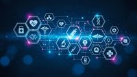 Medical technology network with healthcare icons connected by glowing lines on dark blue background for digital health innovation presentations.