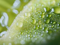 Fresh morning dew drops on green leaf surface create natural bokeh effect with soft focus background, showing pure water condensation in macro view.