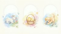 Adorable watercolor baby animals in pastel colors with gift tags, featuring unicorn, chicks in basket, and puppy for nursery decor and greeting cards.