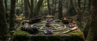 Mystical pentagram altar with crystals, candles and ritual tools arranged on moss-covered stone in enchanted forest setting for spiritual ceremonies.