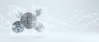 Bitcoin cryptocurrency coins floating in digital network space with connecting lines and nodes representing blockchain technology and decentralized finance.
