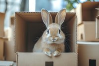 Adorable tan rabbit with long ears peeking out from cardboard moving box, front paws resting on edge, surrounded by other boxes in soft natural lighting.