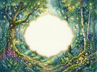 Enchanted forest frame with golden border and magical lighting effects, surrounded by lush green trees, flowers, and mystical woodland scenery.