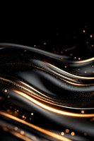 Luxurious black and gold waves with glowing sparkles and bokeh effects create elegant abstract background with flowing curves and shimmering light elements.