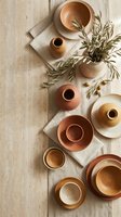 Handcrafted ceramic pottery collection in warm earth tones with olive branches on natural linen fabric, artisan tableware for rustic home decor styling.