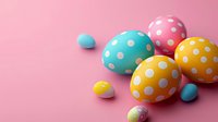Colorful polka dot Easter eggs in pastel yellow, pink and turquoise colors arranged on pink background. Perfect for holiday cards, social media, and seasonal marketing designs.