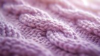 Close up view of soft pink knitted fabric with cable stitch pattern texture showing detailed wool or yarn fibers in gentle lighting.