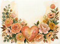 Watercolor floral arrangement with ornate heart, peach roses, ranunculus, and golden blooms on warm background with copy space.